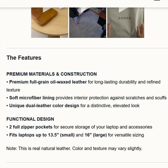 Andar Genuine Leather laptop case suitable for 14 inch laptop, iPad or tablet - Picture 3 of 8